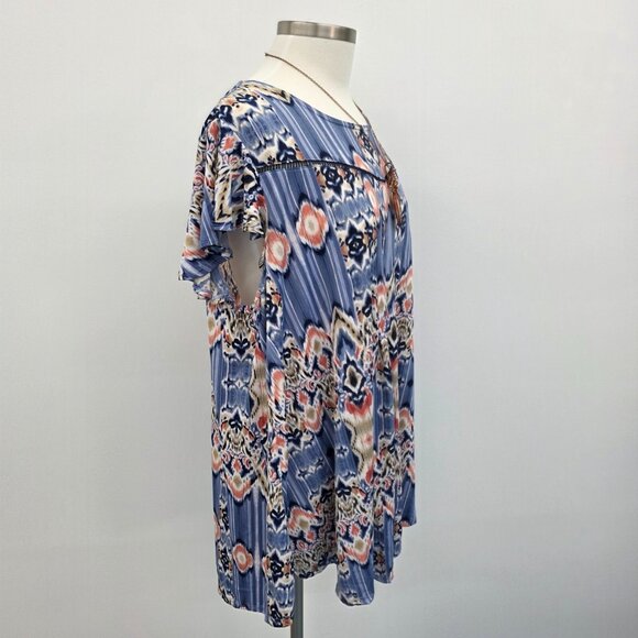 Cocomo Floral Print Tunic Short‎ Sleeve Top Womens Plus Size 2X Blue Pink Beige - Picture 2 of 13